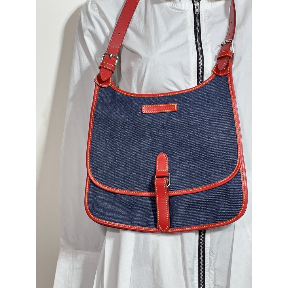 Vintage Dooney & Bourke Blue Denim Saddle Bag Red Leather Trim Messenger Handbag